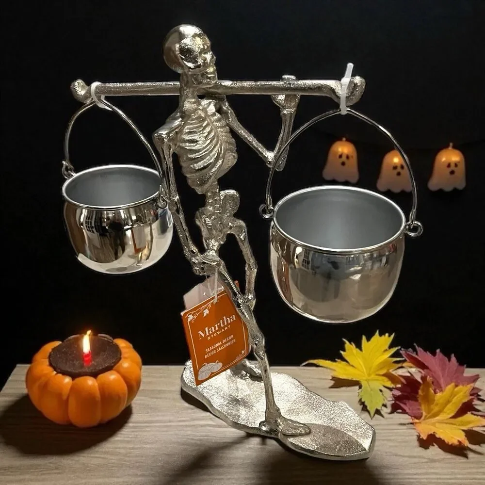 Martha Stewart Halloween Skeleton With Hanging Cauldron Bowls Silvertone